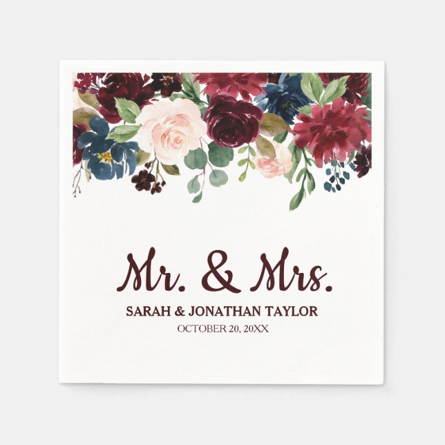 Burgundy Red Navy Floral Rustic Boho Paper Napkin (Front)