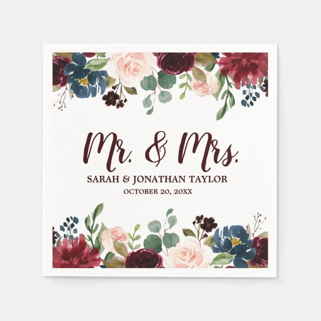 Burgundy Red Navy Floral Rustic Boho Paper Napkin (Front)