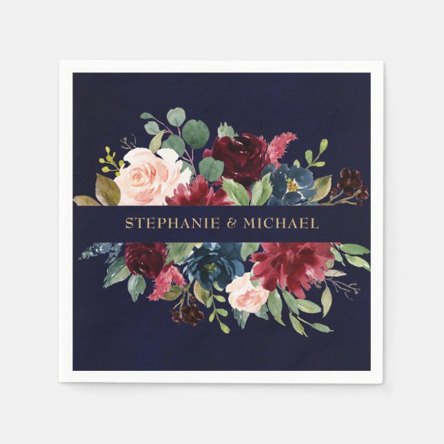 Burgundy Red Navy Floral Rustic Boho Paper Napkin (Front)