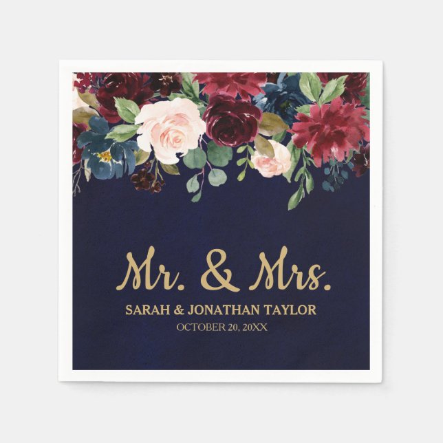 Burgundy Red Navy Floral Rustic Boho Paper Napkin (Front)