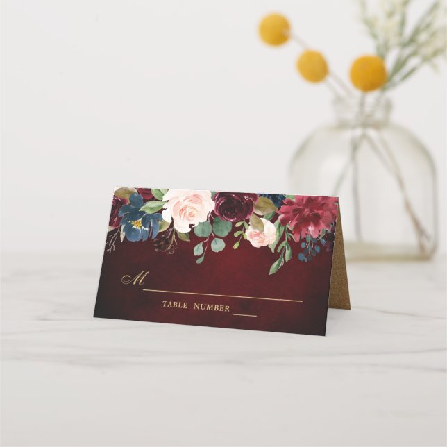 Burgundy Red Navy Floral Rustic Boho Place Card (Front)