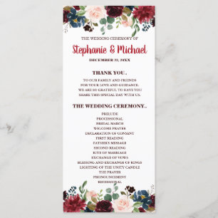Burgundy Red Navy Floral Rustic Boho Program card