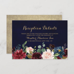 Burgundy Red Navy Floral Rustic Boho Reception Invitation