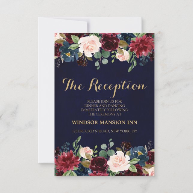 Burgundy Red Navy Floral Rustic Boho Reception Invitation (Front)