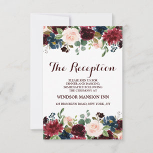Burgundy Red Navy Floral Rustic Boho Reception Invitation