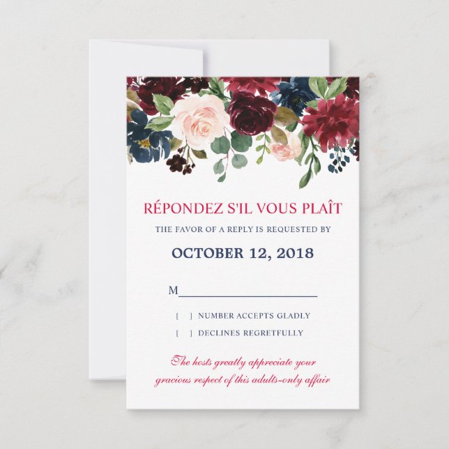 Burgundy Red Navy Floral Rustic Boho RSVP (Front)