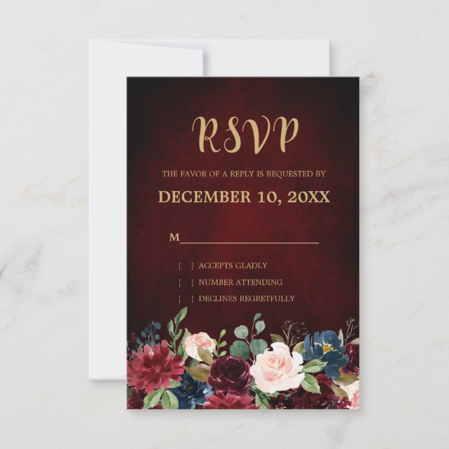 Burgundy Red Navy Floral Rustic Boho RSVP (Front)