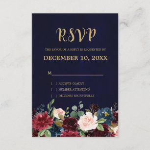 Burgundy Red Navy Floral Rustic Boho RSVP