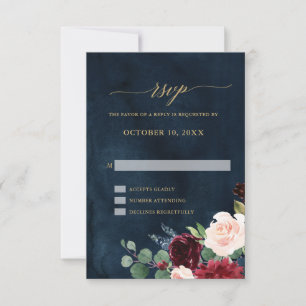 Burgundy Red Navy Floral Rustic Boho  RSVP Card
