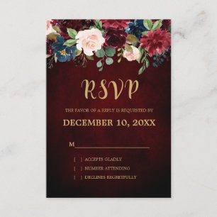 Burgundy Red Navy Floral Rustic Boho RSVP Card