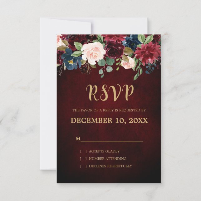 Burgundy Red Navy Floral Rustic Boho RSVP Card (Front)