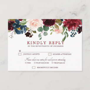 Burgundy Red Navy Floral Rustic Boho RSVP Card