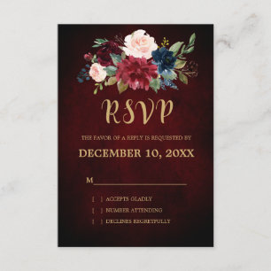 Burgundy Red Navy Floral Rustic Boho RSVP Card