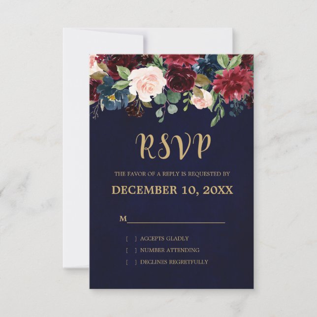 Burgundy Red Navy Floral Rustic Boho RSVP Card (Front)