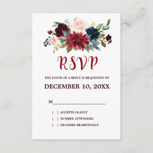 Burgundy Red Navy Floral Rustic Boho RSVP Card
