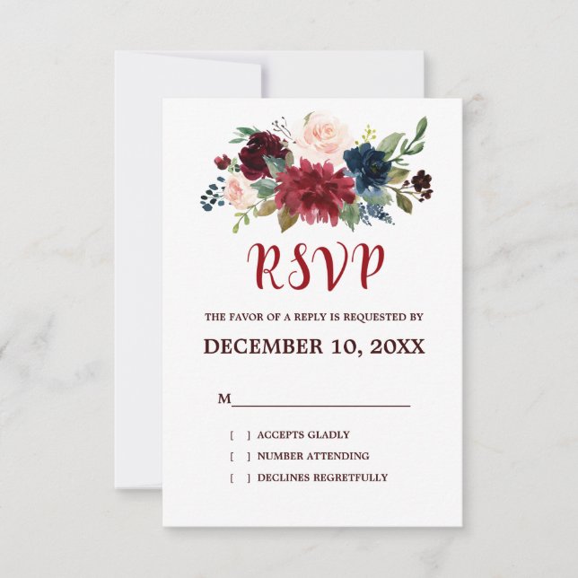 Burgundy Red Navy Floral Rustic Boho RSVP Card (Front)