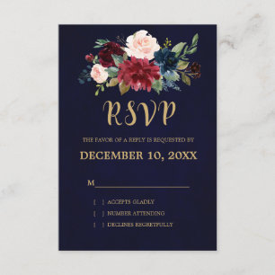 Burgundy Red Navy Floral Rustic Boho RSVP Card