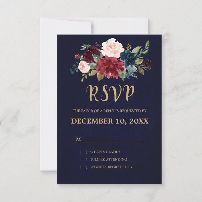 Burgundy Red Navy Floral Rustic Boho RSVP Card (Front)