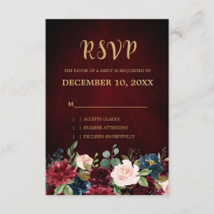 Burgundy Red Navy Floral Rustic Boho RSVP Card