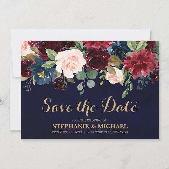 Burgundy Red Navy Floral Rustic Boho Save the date (Front)