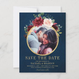Burgundy Red Navy Floral Rustic Boho Save the Date Announcement
