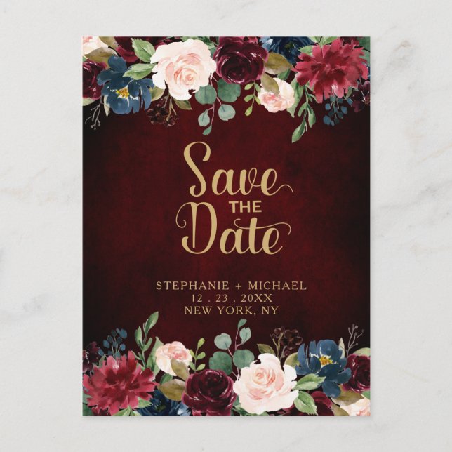 Burgundy Red Navy Floral Rustic Boho Save the Date Announcement Postcard (Front)