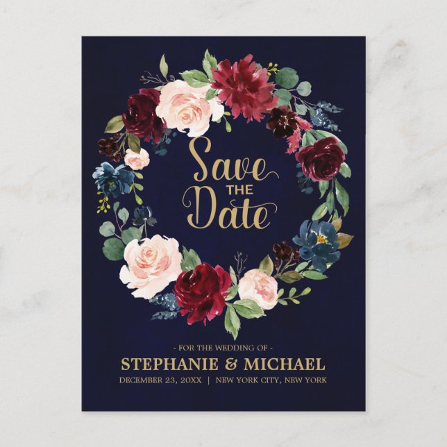 Burgundy Red Navy Floral Rustic Boho Save the Date Announcement Postcard (Front)