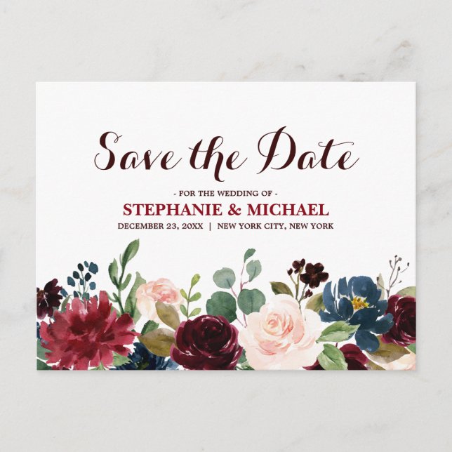 Burgundy Red Navy Floral Rustic Boho Save the Date Announcement Postcard (Front)