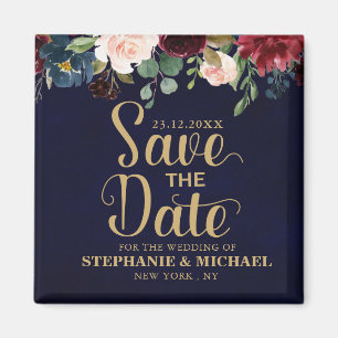 Burgundy Red Navy Floral Rustic Boho Sve the date Magnet