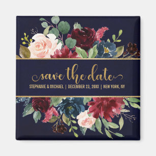 Burgundy Red Navy Floral Rustic Boho Sve the date Magnet