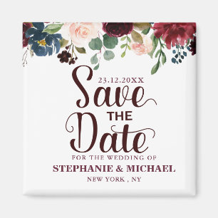 Burgundy Red Navy Floral Rustic Boho Sve the date Magnet