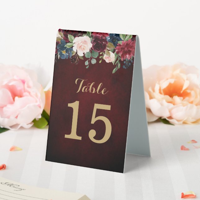Burgundy Red Navy Floral Rustic Boho Table Number (In SItu (Wedding))