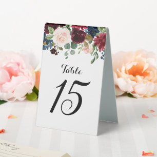 Burgundy Red Navy Floral Rustic Boho Table Number