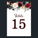 Burgundy Red Navy Floral Rustic Boho Table Number<br><div class="desc">Watercolor Burgundy Red Navy Floral Rustic Boho Wedding Table Number Card. Perfect for a fall wedding. The design features a stunning bouquet of burgundy / Marsala , peach , navy flowers / roses with matching leaves. Please find more matching designs and variations in my "blissweddingpaperie" store. And feel free to...</div>