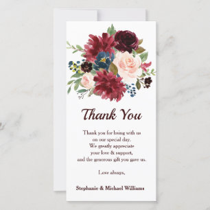 Burgundy Red Navy Floral Rustic Boho Thank you Card