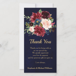 Burgundy Red Navy Floral Rustic Boho Thank you Card