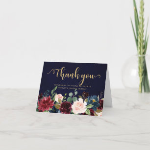 Burgundy Red Navy Floral Rustic Boho Thank You Card