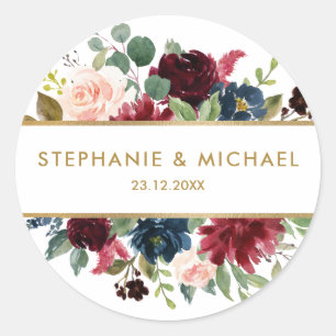 Burgundy Red Navy Floral Rustic Boho Thank You Classic Round Sticker