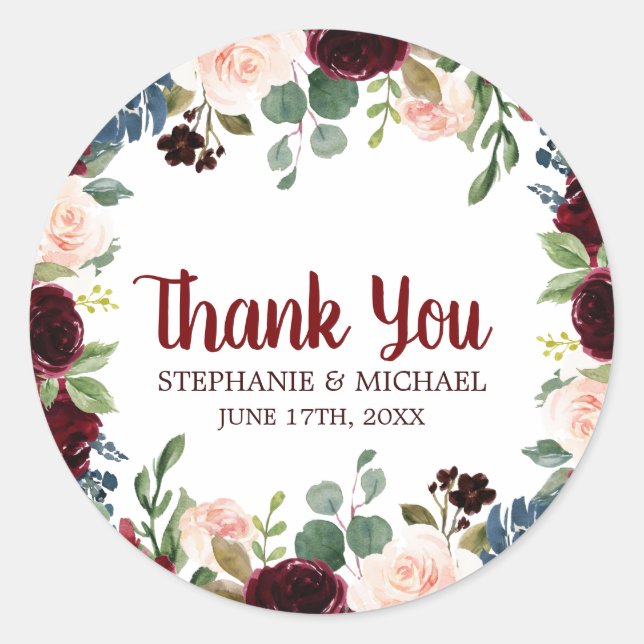 Burgundy Red Navy Floral Rustic Boho Thank You Classic Round Sticker (Front)