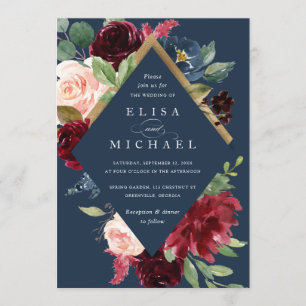 Burgundy Red Navy Floral Rustic Boho Wedding Invitation