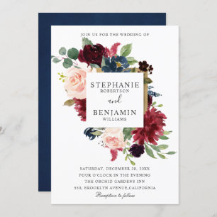 Burgundy Red Navy Floral Rustic Boho Wedding Invitation