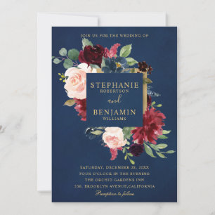 Burgundy Red Navy Floral Rustic Boho Wedding Invitation