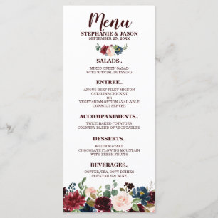 Burgundy Red Navy Floral Rustic Boho Wedding Menu