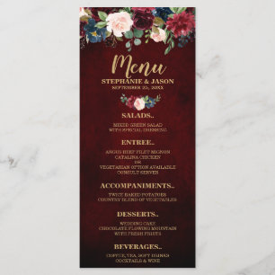 Burgundy Red Navy Floral Rustic Boho Wedding Menu