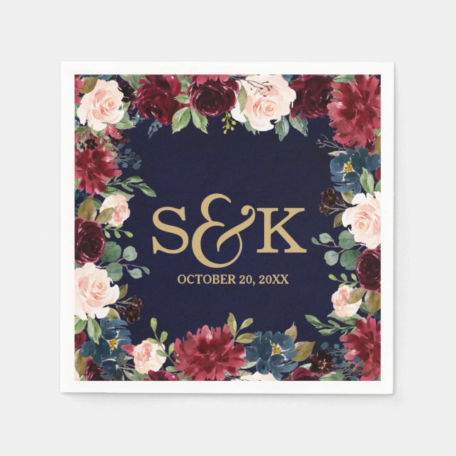 Burgundy Red Navy Floral Rustic Boho Wedding Napkin (Front)