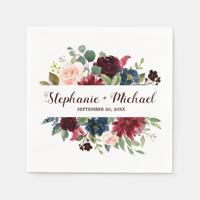 Burgundy Red Navy Floral Rustic Boho Wedding Napkin (Front)