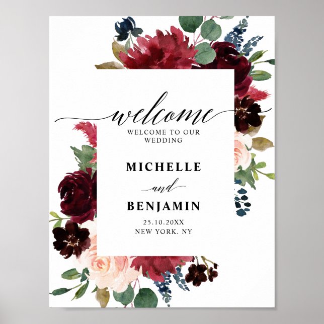 Burgundy Red Navy Floral Rustic Boho Wedding Poster (Front)