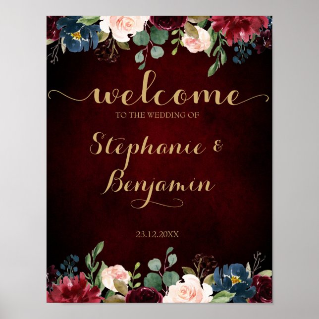 Burgundy Red Navy Floral Rustic Boho Wedding Sign (Front)