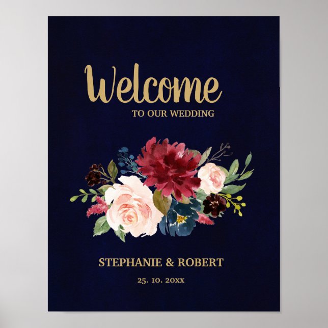 Burgundy Red Navy Floral Rustic Boho Wedding Sign (Front)