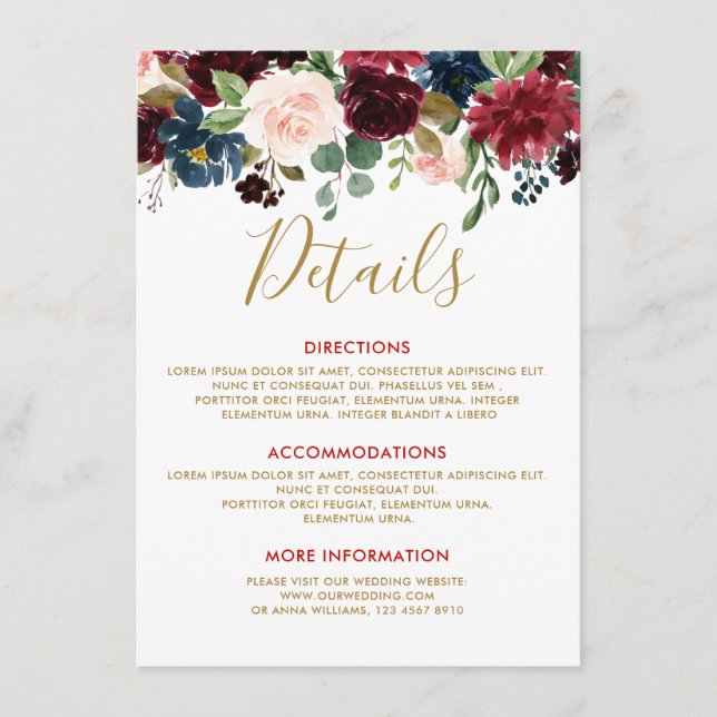 Burgundy Red Navy Floral Rustic Wedding Details Enclosure Card (Front)